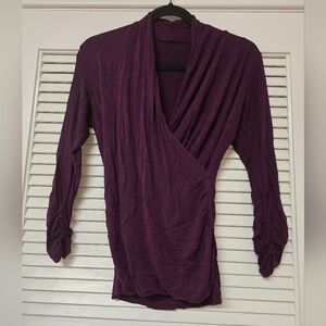 Purple Faux Wrap Long-Sleeve Top With Ruched Detail